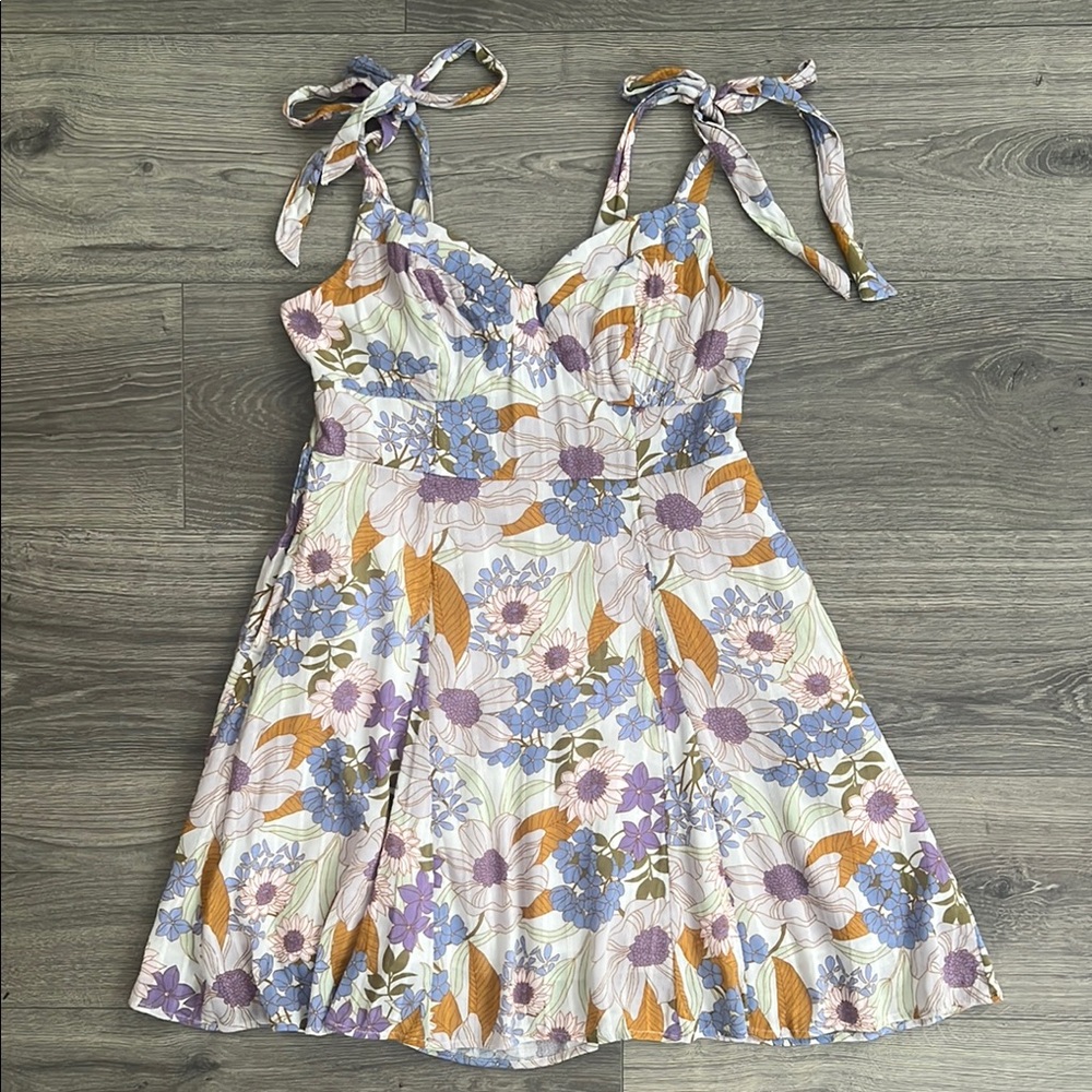American Eagle Tie Strap Mini Dress Small PETITE Textured Floral Cottagecore 70s
